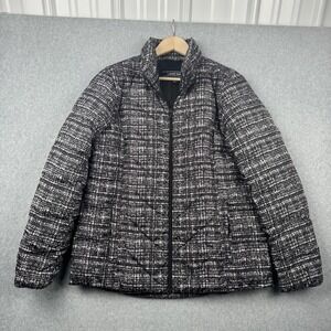 Lands End Jacket Womens Medium Black White Down Puffer Coat Tweed Print Full Zip